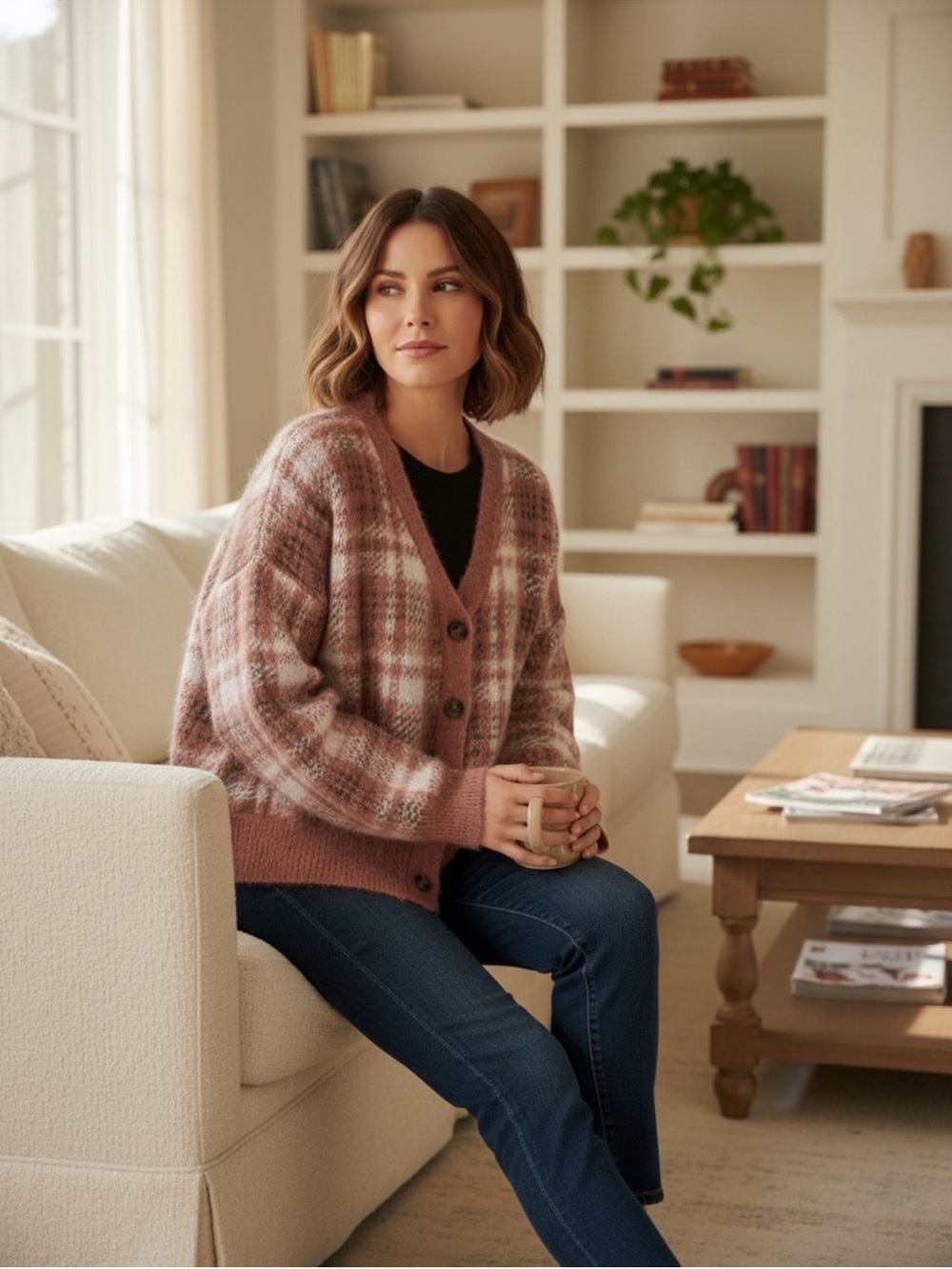 Cupcakes & Cashmere NWT button front plaid trend grampa sweater knit extra large